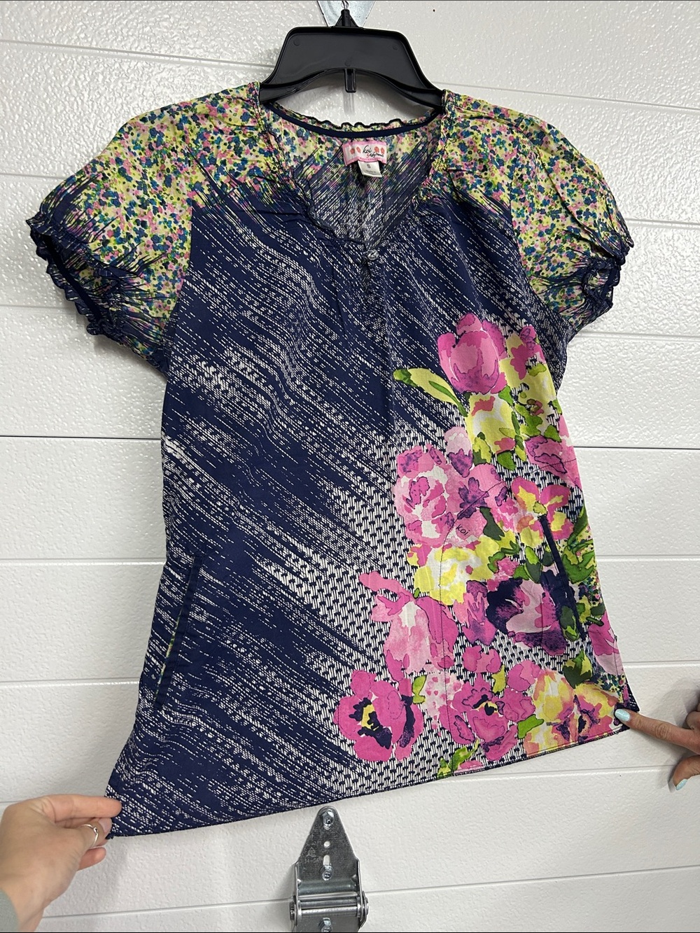 koi Navy Multi Floral Scrub Top